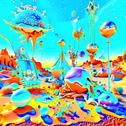 Bright, glittering, 3d, steel-like, surreal objects in a bright environment, desert, night light, melting cream, Yves Tanguy style