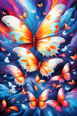 vibrant psychedelic oil painting image, airbrush, 64k, cartoon art image of background WHITE BUTTERFLIES , futurism style