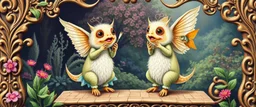 sacred geometry embroidered patterns, two totally symmetric fluffy angel gremlin slug nice cheerleader singing on ornate carved bridge in garden , full body portrait T-pose strong aura, oil painting and air brush, in swing with an opera fish