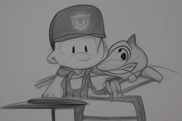 a toon character seating on film reel his hand with drawing paper and pencil and draw somthing