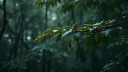 a dramatic scene in a dense FIR forest with A FIR branch under the rain. The background should feature raindrops falling around the leaves.DRAMATIC SCENE,PROFESSIONAL PHOTOGRAPHY