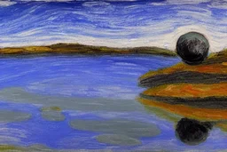 Alien landscape with one grey exoplanet in the horizon, pond, water reflection, rocky landscape, sci-fi, tendency to impressionism, realistic painting