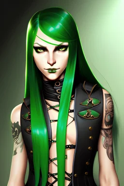 A young human arcane huntress with shoulder long green hair, a side shave, face tattoos and a leather vest from Shadowrun