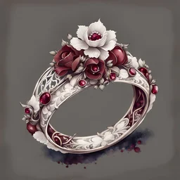 watercolor gothic vintage a woman's ring, dark red with flowers, white lace and rubies, white background, Trending on Artstation, {creative commons}, fanart, AIart, {Woolitize}, by Charlie Bowater, Illustration, Color Grading, Filmic, Nikon D750, Brenizer Method, Side-View, Perspective, Depth of Field, Field of View, F/2.8, Lens Flare, Tonal Colors, 8K, Full-HD, ProPhoto RGB, Perfectionism, Rim Lighting, Natural Lightin