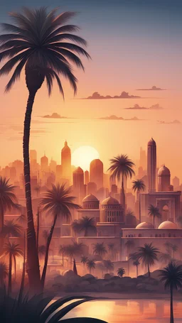 Persische Stadt Skyline mit Sonnenuntergang und Palmen