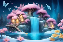 Little fairy house set in a magical snow covered forest. Lots of flowers, birds and butterflies. Sparks of light everywhere. The sky is blue. In the foreground are pink and yellow flowers, then a turquoise river that flows into the forest. intense colors. On the right, a waterfall near a small wood.