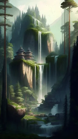 forest landscape with buildings and waterfall