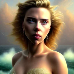 A beautiful portrait of Scarlett Johansson as a mermaid , leaning on a ships deck ,Rough sea in the background, (digitall art by Eugene de Blaas and Ross Tran, vibrant color scheme, highly detailed, in the style of romanticism, cinematic, artstation best quality, realistic lighting, masterpiece portrait, details light dusting , cowboy shot from above, simple chain hauberk Vector art digital illustration 3D shading )