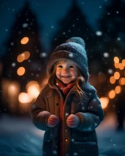 Little girl with christmas lights enjoying the holidays outdoors in snowfall. Happy cute child girl playing with Chistmas festive lights. digital ai