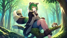 Girl, green hair, raccoon ears, raccoon tail, raccoon face, forest, sit on tree, raccoon paws on hand, paws on foot,coat on foot