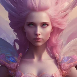 in front of a pink castle, a cheerful fairy, big smile, pink, blonde hair, beautiful, whole face, whole top hair head, wide open blue eyes, transparent wings onn the back, hyperrealism, masterpiece, expert, cinematic lighting, sharp focus, 8K, pastel, macro lens, woman, detailed, flower