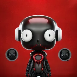 A detailed avatar portrait cute alien animal Figure in a provocative pose holding a symbol of power and wearing headphones Raw gritty Gothic t-shirt design Dark reds and blacks bright bloody red background Distorted or blurred splash imagery that suggests violence and chaos t-shirt design 3D vector art