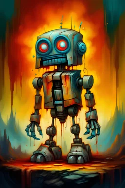 vulcano crying tall robot stained old oilpainting background