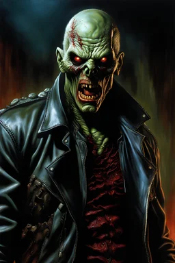 32k uhd photo raw, 1993 horror movie, zombie with leather jacket, inspired by Jason Edmiston, zombie in horror concept art, richard corben style, zombie from doom eternal, by Jason Edmiston, sharp focus, award winning, by sam raimi, hellraiser style