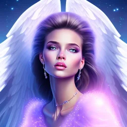 portrait of a beautiful woman with an angel face smiling, pink and blue dress, jewels, soft light aura