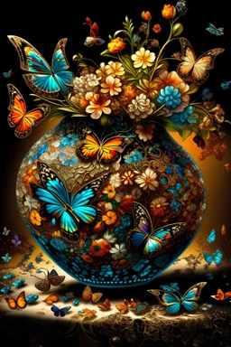 83. digital painting, magic vase woven from butterflies and caramel fractals, rhinestones, radiance, patterns on the tablecloth, bouquet of butterflies, high detail, high resolution, contrast