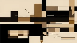 Abstract composition with geometric shapes, including rectangles and a strip in shades of (black and brown on a textured beige background, featuring a piece of paper with handwritten text and a brown tag attached)