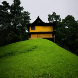 a house on a grassy, foresty hill, surrounded by a closed gate, dark yellow oriental vibes