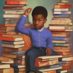 Smart African American young boy on pile of books by Monet