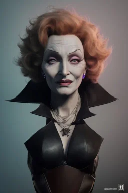 Marlene Dietrich as evil queen in black leather, leather, busty, cleavage, angry, stern look. character design by cory loftis, fenghua zhong, ryohei hase, ismail inceoglu and ruan jia. unreal engine 5, artistic lighting, highly detailed, photorealistic, fantasy