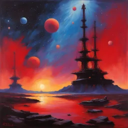 (Art by karoly ferenczy) In the outer reaches of the Orion Nebula, where the light of dying suns dyes the cosmic dust in shades of crimson, they still patrol: The vessels of the "Rusty Armada." This collection showcases the majestic, industrial behemoths of humanity in an era where function reigns supreme over aesthetics. Each piece captures the sheer mass of these metallic colossi—from the glowing red thrusters fighting the relentless gravity of alien worlds to the weathered hulls scarred by a