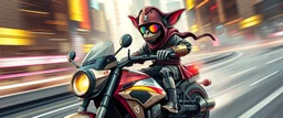 robotic ai pirate ninja in the style of fallout 4 hi speed rocket ship on leaning scooter in a swing, coated rat gremlin captain in high speed pursuit among neon spy vs spy rat cyber soldiers, with background motion blur, airbrush and pen outline, in the style of Fallout 4 and Cyberpunk and GTA5, huge transparent sun glasses