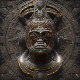 Maya tribal shaman ,futuristic pinhole camera in Kente, rusted clocks lens, cinematic, scaffolding, african pattern symbols, engraved, cinema 4d, 3d render, corona renderer, 8k qualityr