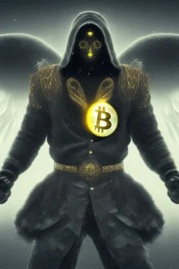 running berserker portrait , no face, black jogging suite , in the night Alps , holding bitcoin , angels background, volumetric gold light, high detail, dark leaf tree, dark mountains in background, perfect