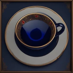 A midnight blue teacup with a gold rim and small red florets on a plate. Illustrative art, art interpretation, concept art, cgsociety contest winner, seasonal art, seasonal art HD, 4k, 8k, intricate, detailed, intricately detailed, luminous, translucent fantasy crystal, holographic data, soft body, shadow play, light, fog, atmospheric, cinematic, light film, hyper-detailed, hyper-realistic, masterpiece, atmospheric, high resolution, 8k, HDR, 500px, mysterious and artistic digital art, phototic,