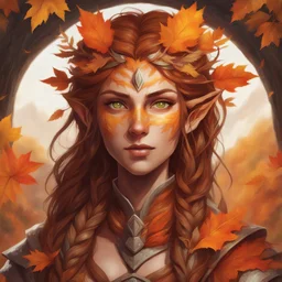 Generate a dungeons and dragons character portrait of the face of a female autumn Eladrin. She is a circle of the Lands Druid (Grassland). Her hair is orange and voluminous. Her skin is warm. Her eyes are orange. She wears a dainty circlet made of brown coated branches with red, orange, and yellow leaves.