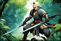 (in the style of Orion, by Masamune Shirow) DUEL: a tattooed gangsta monk with his staff fights against a paladin knight with his two handed sword zweihander in the jungle