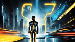 tron legacy movie, programs, space ships, city of the future, yellow, blue, red