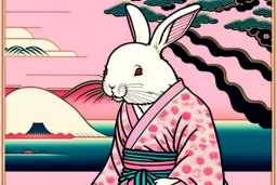 ukiyo-e style print of a white rabbit with a human body wearing a soft pink yukata and walking by the sea