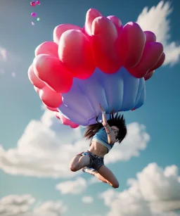 Ultra realistic speed clouds sky scene, wide angle view, sweet childs falling down, inflatable color clothing, free jumping flying, many trinkets, monster hair, hair monster, many jelly beans, balls, smile, happy, circus style, extreme, wind, clouds sea, 20,000 feet altitude, stratosphere, soft color, highly detailed, unreal engine 5, ray tracing, RTX, lumen lighting, ultra detail, volumetric lighting, 3d, finely drawn, high definition, high resolution.