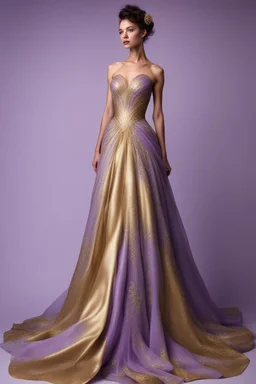 Stunning utopian gown with lavender and gold. Hyper realistic standing model