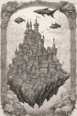 Intricate ink drawing of a medieval village on a flying rocky island, flying sea creatures, steam punk style, surrealism, black and white, crisp lines, highly detailed, image centered on the page with negative space around it