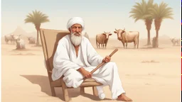 Old man, Arab, turban, white clothes, cattle, desert, council, sun, palm trees, mud houses, holding a stick, looking forward, a very slight smile.cartoon,Sitting on a chair,long beard,Mouth slightly open,Realistic features, portrait