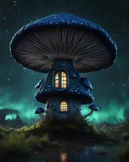 A solitary floating mushroom house on a clear night. silver and blue and green, Dark cosmic interstellar. Detailed Matte Painting, deep color, fantastical, intricate detail, splash screen, hyperdetailed, insane depth, concept art, 8k resolution, trending on Artstation, Unreal Engine 5, color depth, backlit, splash art, dramatic, High Quality Whimsical Fun Imaginative Bubbly, perfect composition