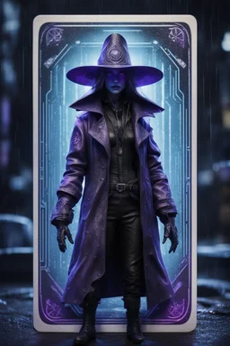 sacred geometry framed playing card, black, blue and purple noen cyber punk dancer thief in soaked rain coat and cowboy witch hat shadows boss card in the style of Giger and fallout 4 ,,bokeh like f/0.8, tilt-shift lens 8k, high detail, smooth render, down-light, unreal engine