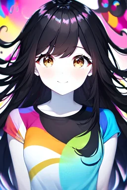 anime girl, tights, colorful t-shirt, messy hair, black hair, long hair, pale skin, Happy expression, Happy eyes, brown eyes, Alex, extreme close up, arms towards you, hands out of frame