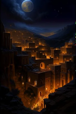 Create surrealistic image of a walled ancient city sitting in the distance at night as viewed from the rim of a canyon about the city. The city is lit with torch sconces around the perimeter with windows high up on the walls. Soldiers in armor patrol the walls surrounding the city under the flickering torchlight and a full moon above. One window high up on the wall has a red string hanging from it blowing in a gentle breeze