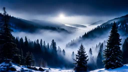 Valley,Night sky,fir forrest scenery,river plate,valley,heavy mist,mist shadows,tree,nature,midnight,snow,fir tree,holy night
