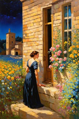 Night, vegetations, flowers, one woman, house, distant buildings, julius rose, and thomas hill paintings