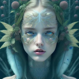 Portrait of beautiful girl, plant, metal, feathers, Dryad, fae, sidhe, ominous, nature, plants, wildflower, facepaint, dnd character portrait, intricate, oil on canvas, masterpiece, expert, insanely detailed, 4k resolution, retroanime style, cute big circular reflective eyes, cinematic smooth, intricate detail , soft smooth lighting, soft pastel colors, painted Renaissance style,bokeh, 800mm lens