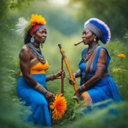 Lost amidst the primeval field of flowers in a myriad of blues, the two African women tribal musicians, old and wise, found themselves enveloped by the lush foliage and fragrant herbs of their natural surroundings. With the haunting melody of their didgeridoo resonating through the air, the field sprang to life with a riot of colours, Each petal swayed in unison with the music, creating a symphony that intertwined seamlessly with the soulful notes of their didgeridoos, the ancient rhythms