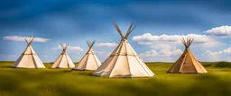 Prairie landscape, living skies, 1 large teepee and 3 smaller teepees, near trees, historically authentic, summer