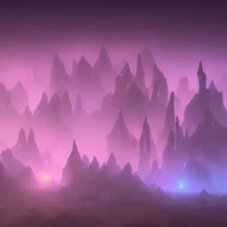 ALIENS FLOATING in the fog, FOGGY NIGHT, mountains, GLOWING, PURPLE, TOWERS, 4K, 8K, CINEMATIC