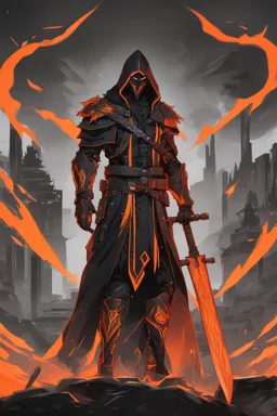 Warrior, solo leveling artstyle, black custom, Reaper them, neon orange details, machete, full body, apocalypse, intricate details, highly detailed, high details, detailed portrait, masterpiece,ultra detailed,best quality