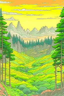 a forest grove, mountains in the distance in the style of Moebius