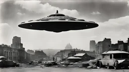 B&W 35mm vintage photo of a UFO in a WW2 picture, destroyed city backdrop